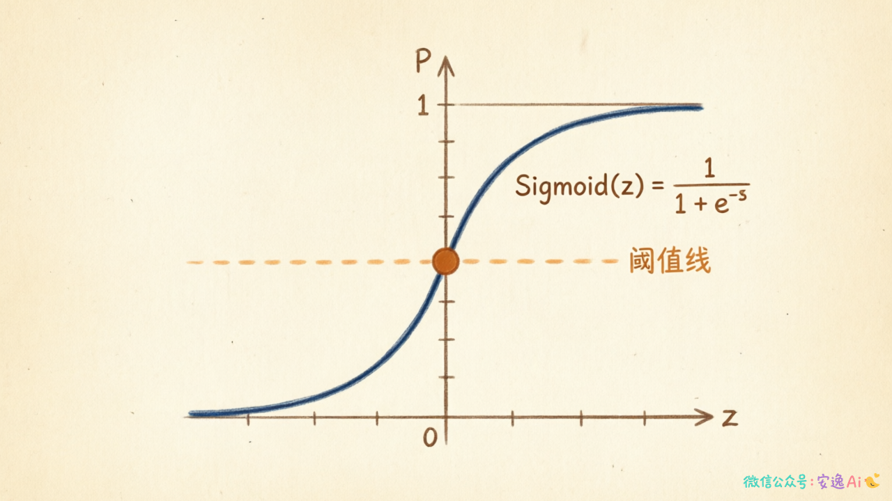 标准Sigmoid函数S形曲线,标注0.5阈值分割线和纵轴概率范围