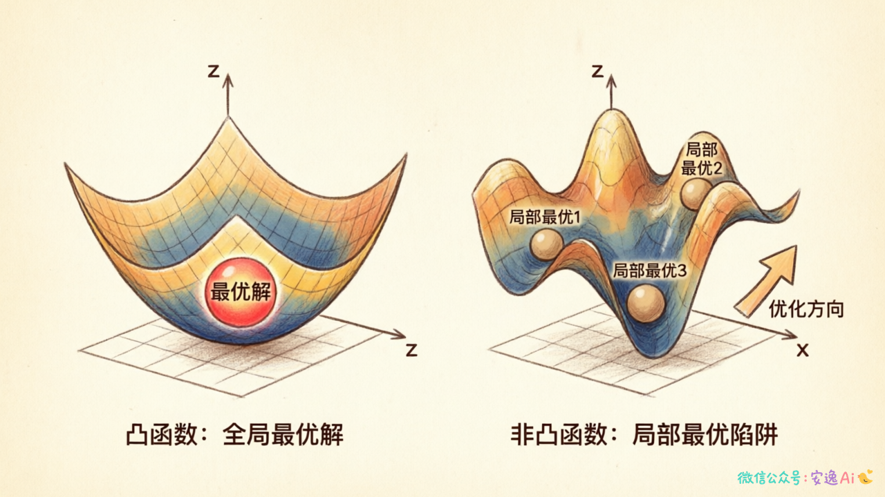 凸函数(碗状单谷)和非凸函数(多峰多谷)的3D曲面对比
