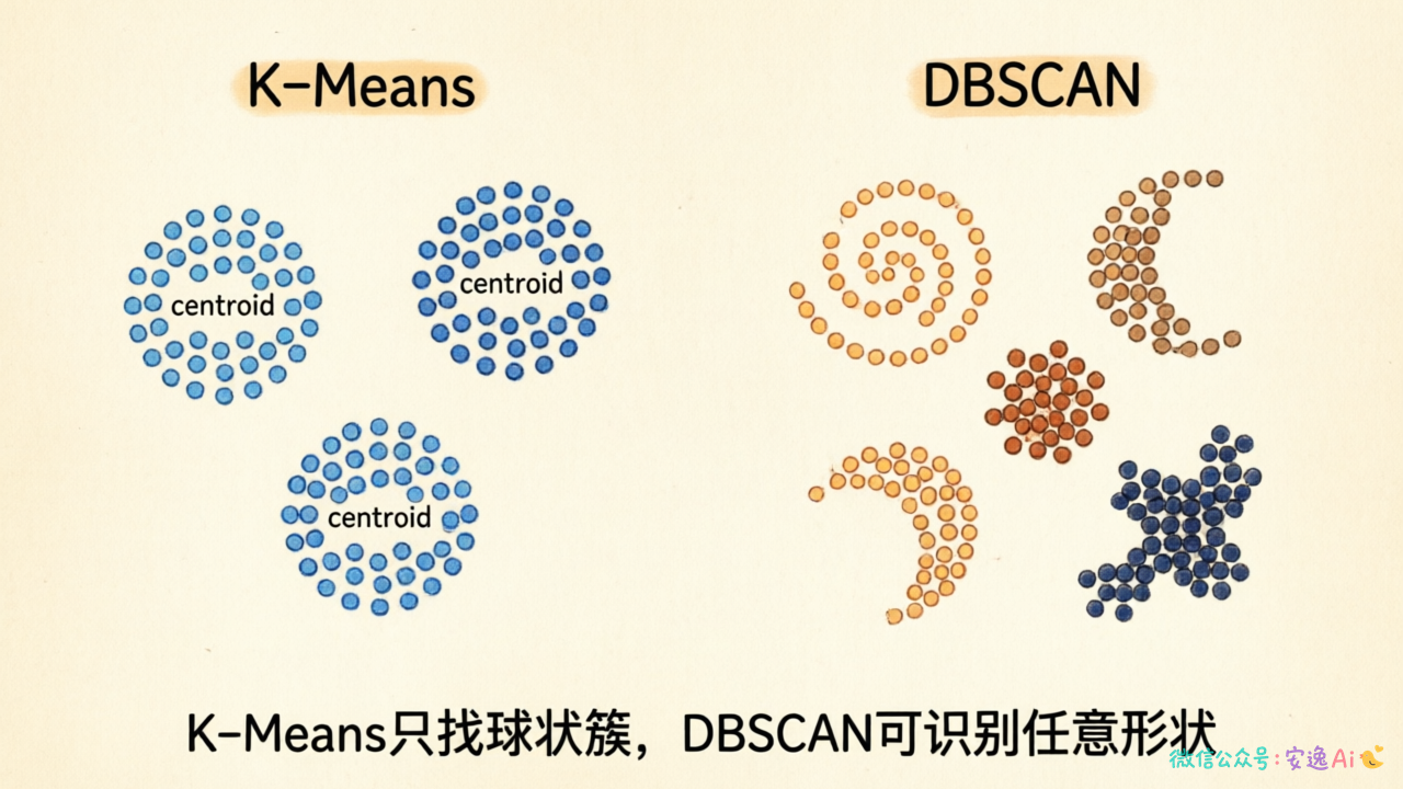 K-Means处理圆形簇vs DBSCAN处理任意形状簇的效果对比图,左边只能找球状簇,右边能识别复杂形状