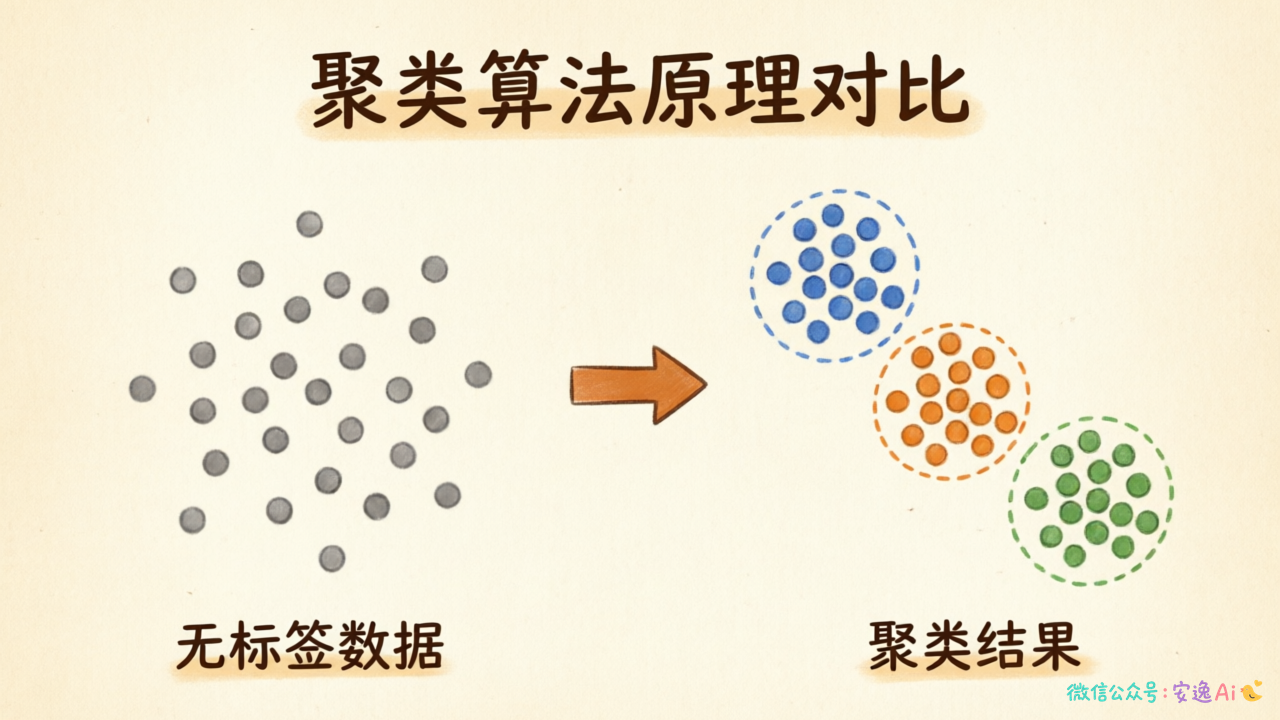 左边是杂乱无标签的数据点分布,右边是聚类后的分组效果,用不同颜色区分不同簇