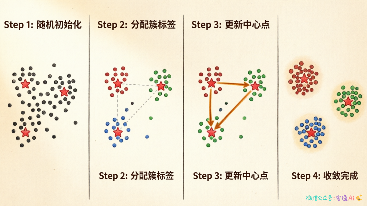 K-Means算法迭代过程四宫格图,展示随机初始化→分配→更新→收敛四个步骤