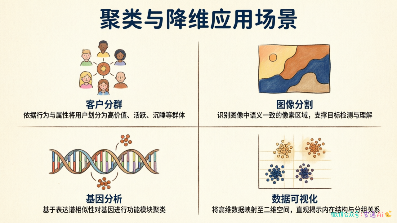 聚类降维应用场景组合图,展示客户分群、图像分割、基因分析、数据可视化四个应用场景的图标和简短说明