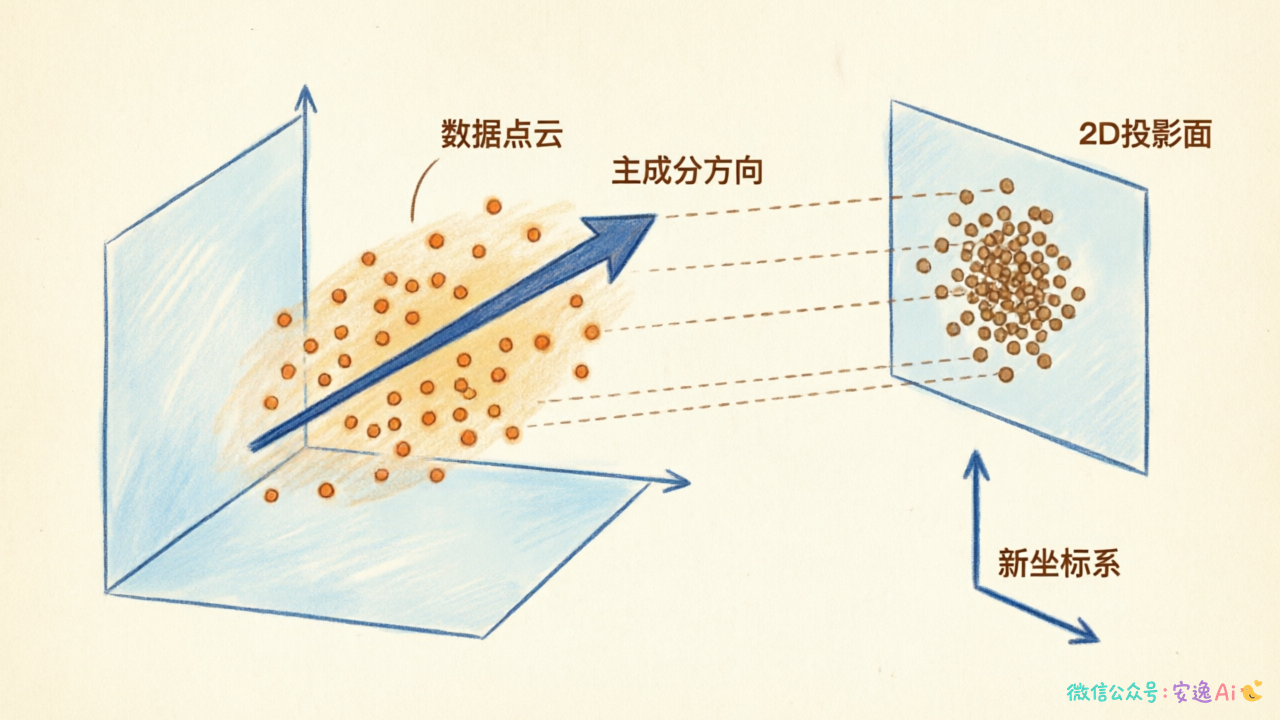 3D数据云投影到2D平面的降维过程,展示主成分方向和投影线,清晰看到原始坐标系到新坐标系的转换
