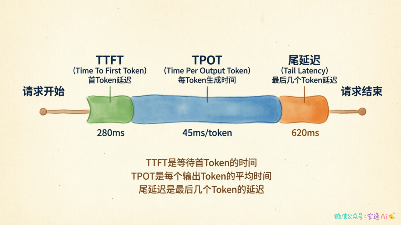 请求生命周期中TTFT、TPOT、尾延迟的分布位置示意图