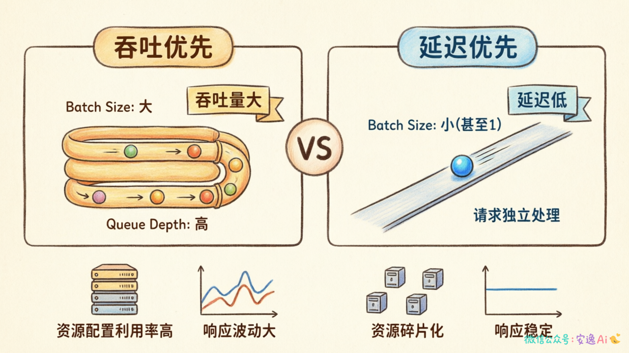 吞吐优先vs延迟优先策略对比图,展示调度方式、资源配置差异