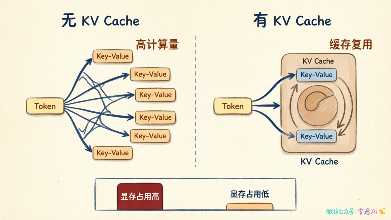 无KV Cache vs 有KV Cache的attention计算流程对比图