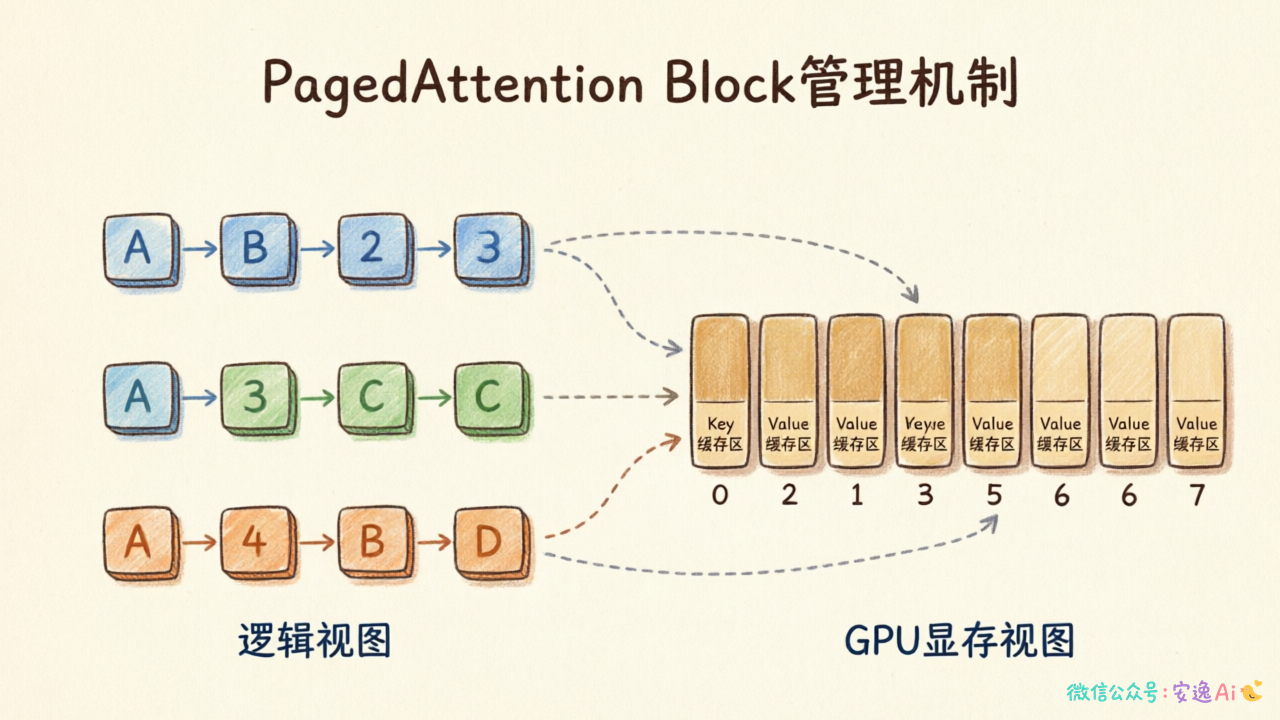 vLLM PagedAttention Block管理机制示意图
