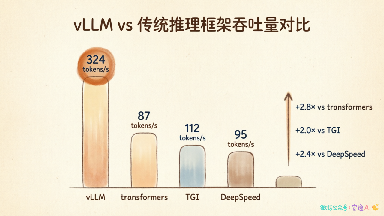 vLLM 与传统推理框架的吞吐量对比柱状图