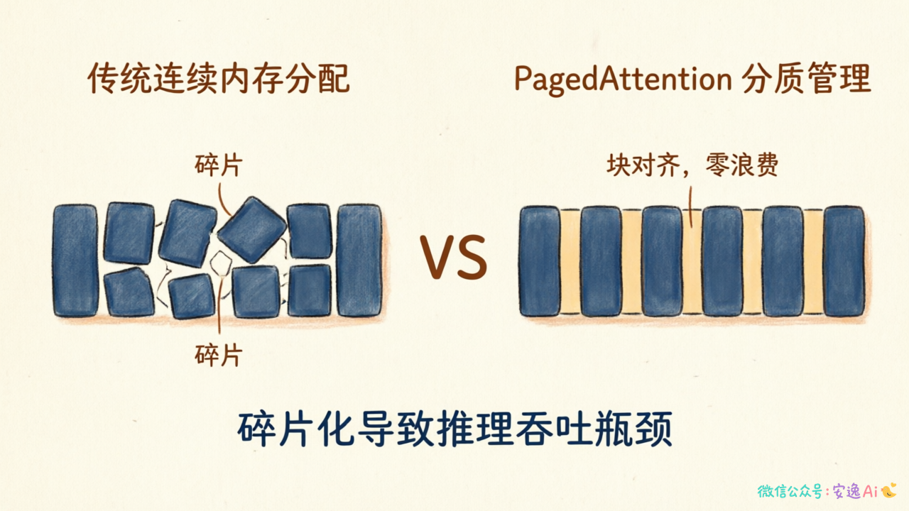 传统连续内存分配的碎片化问题示意图