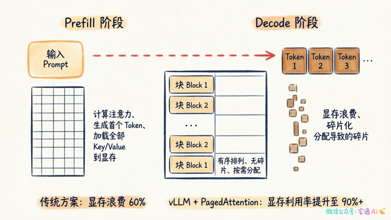 Prefill 和 Decode 两阶段对比示意图