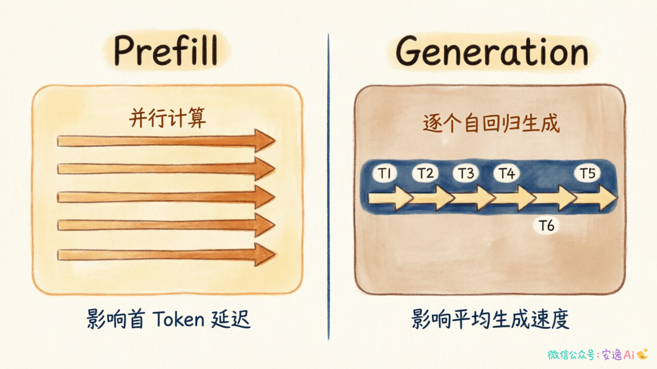 Prefill 并行计算 vs Generation 逐个自回归生成对比