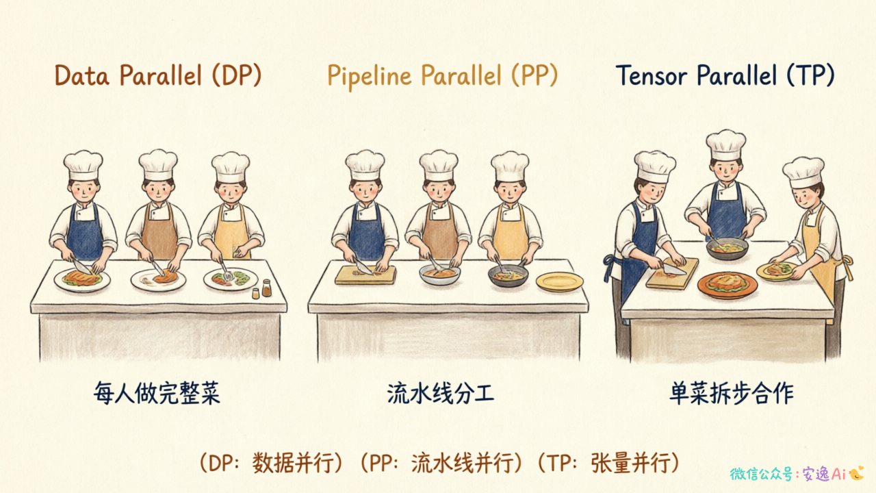 三厨师分工对比图:DP每人做完整菜、PP流水线分工、TP单菜拆步合作