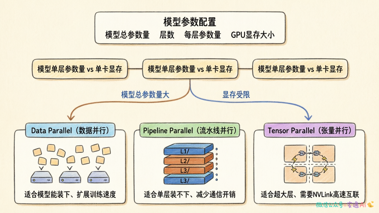 场景选择决策图:展示根据模型大小、层大小、显存条件的并行策略选择路径