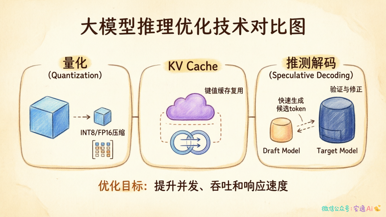 量化、KV Cache、推测解码三种优化技术在推理流程中的位置对比