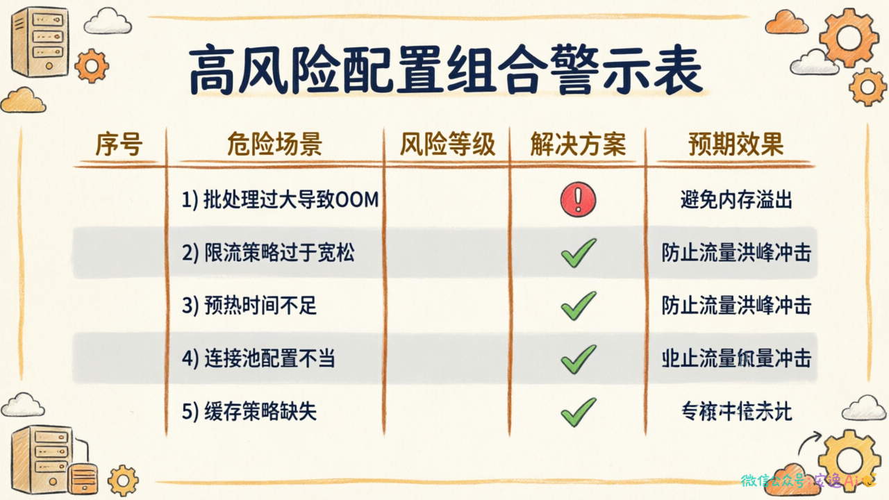 高风险配置组合警示表,列出五种危险场景及解决方案