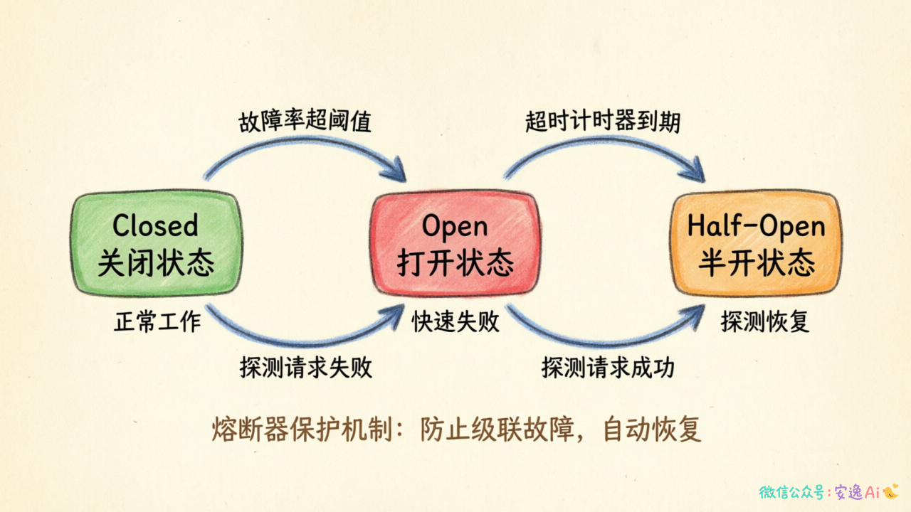 熔断器状态机转换图(Closed→Open→Half-Open的完整流转)