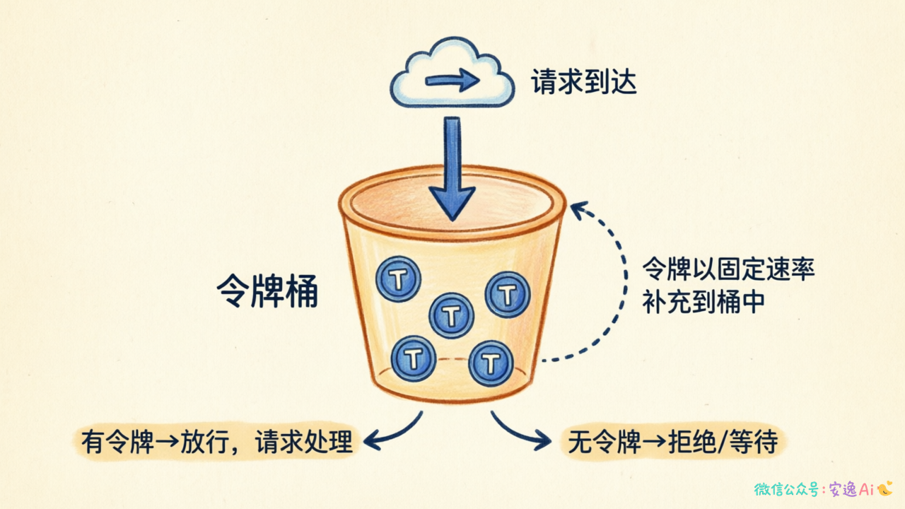 令牌桶算法流程图(请求获取令牌→有令牌放行→无令牌拒绝的流程)