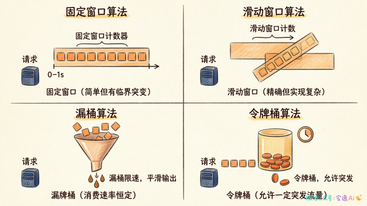 四种限流算法对比图(固定窗口/滑动窗口/漏桶/令牌桶的工作原理对比)