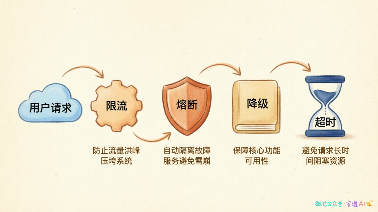 模型服务高可用架构图(限流→熔断→降级→超时的完整链路)
