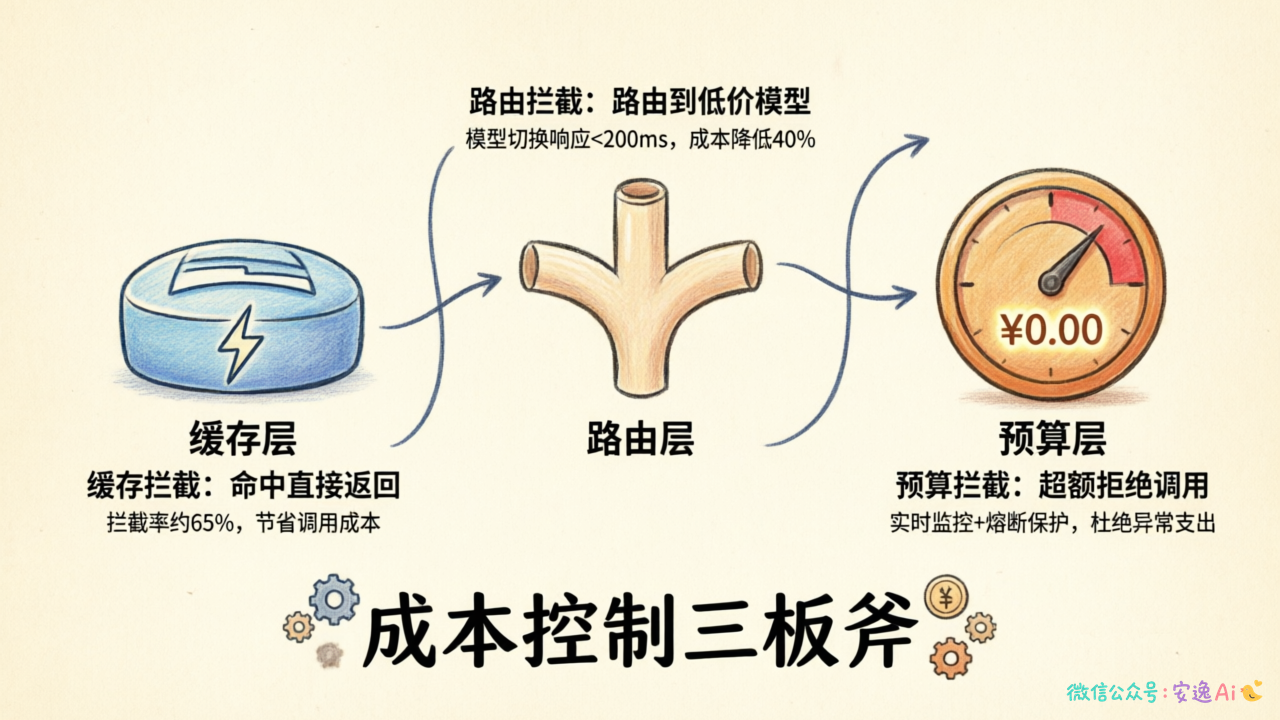 成本控制三板斧流程图,展示缓存→路由→预算的层层拦截