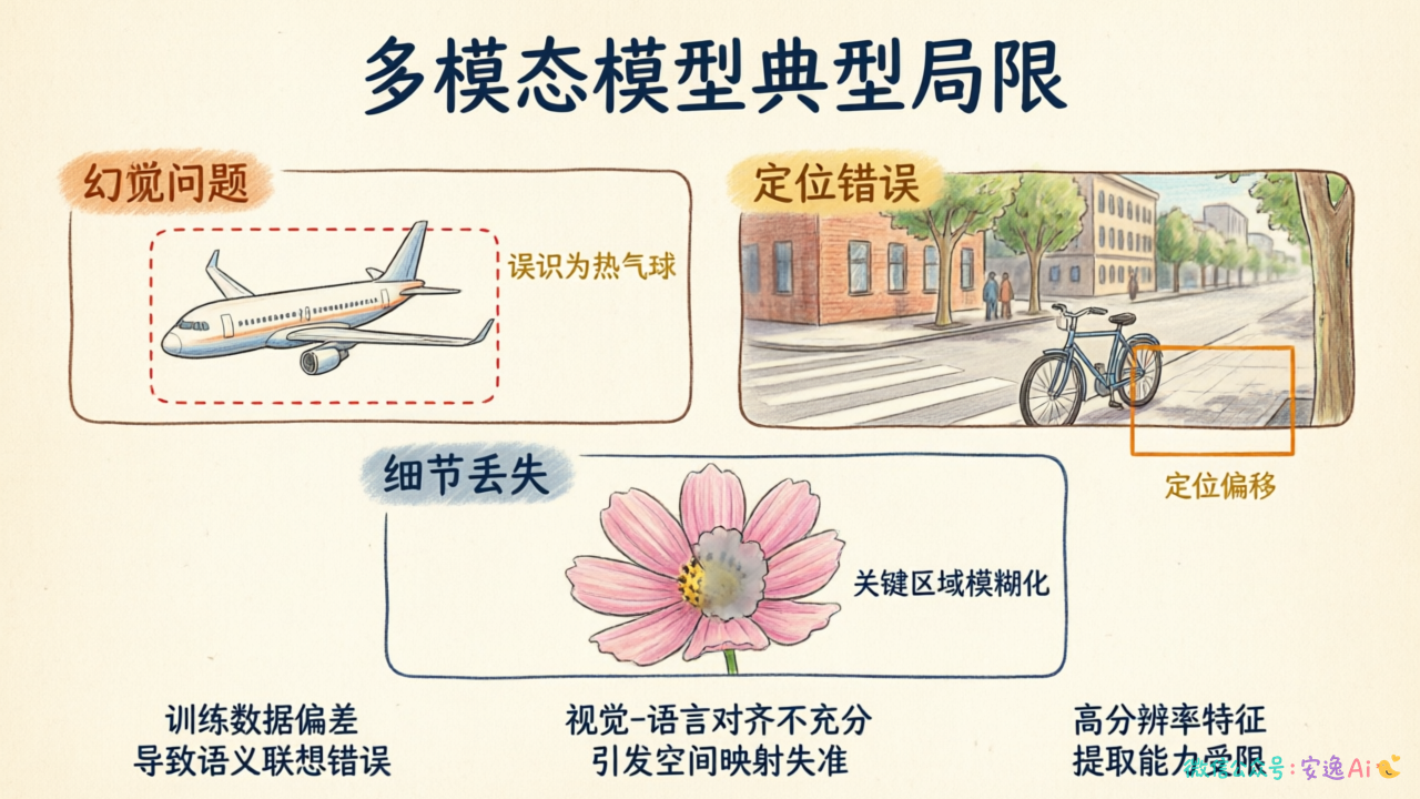 多模态模型局限对比图,展示幻觉、定位错误和细节丢失三种典型问题及示例