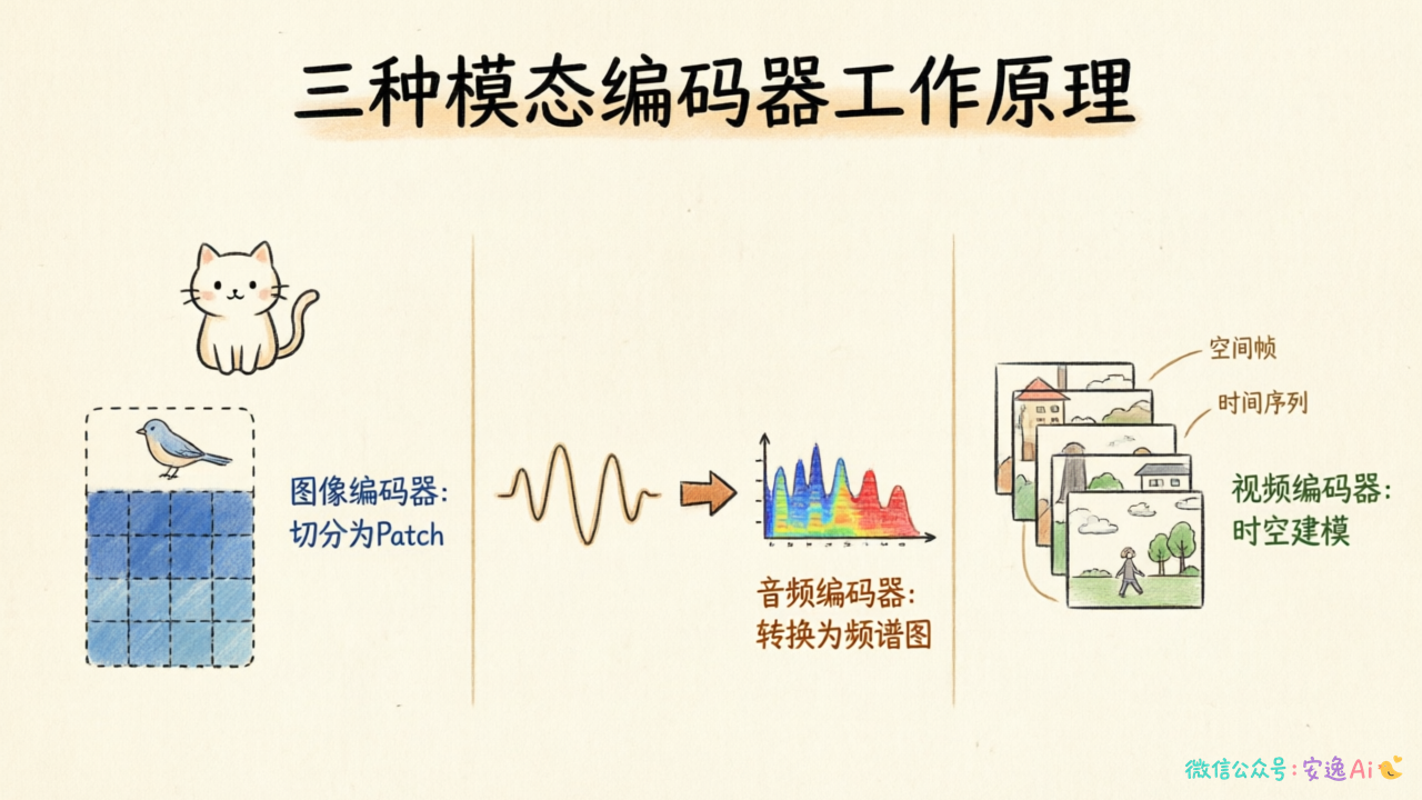 三种模态编码器的工作原理图，左边展示图像如何被切成patch网格，中间展示音频波形如何变成频谱图，右边展示视频的时间序列和空间帧