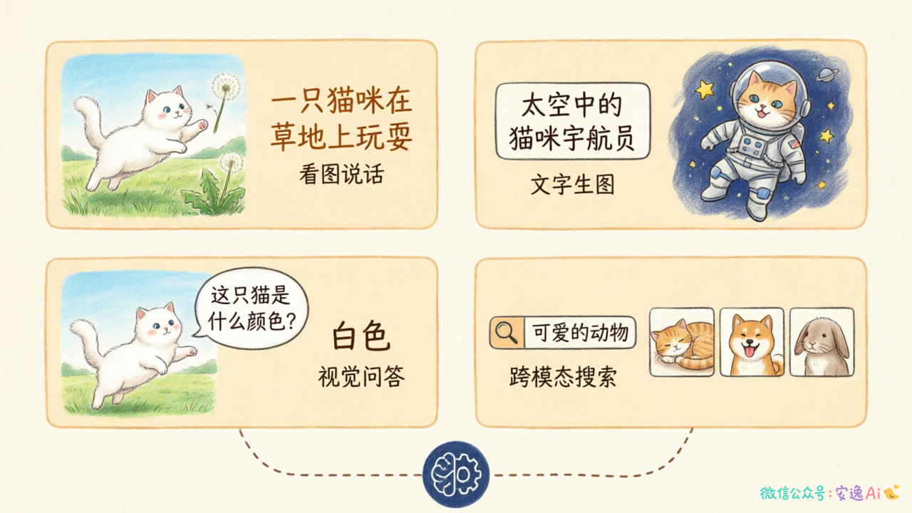 四个典型应用场景的示意图，左上是看图说话输出描述文字，左下是视觉问答回答问题，右上是文字生图生成猫咪宇航员图片，右下是跨模态搜索匹配结果