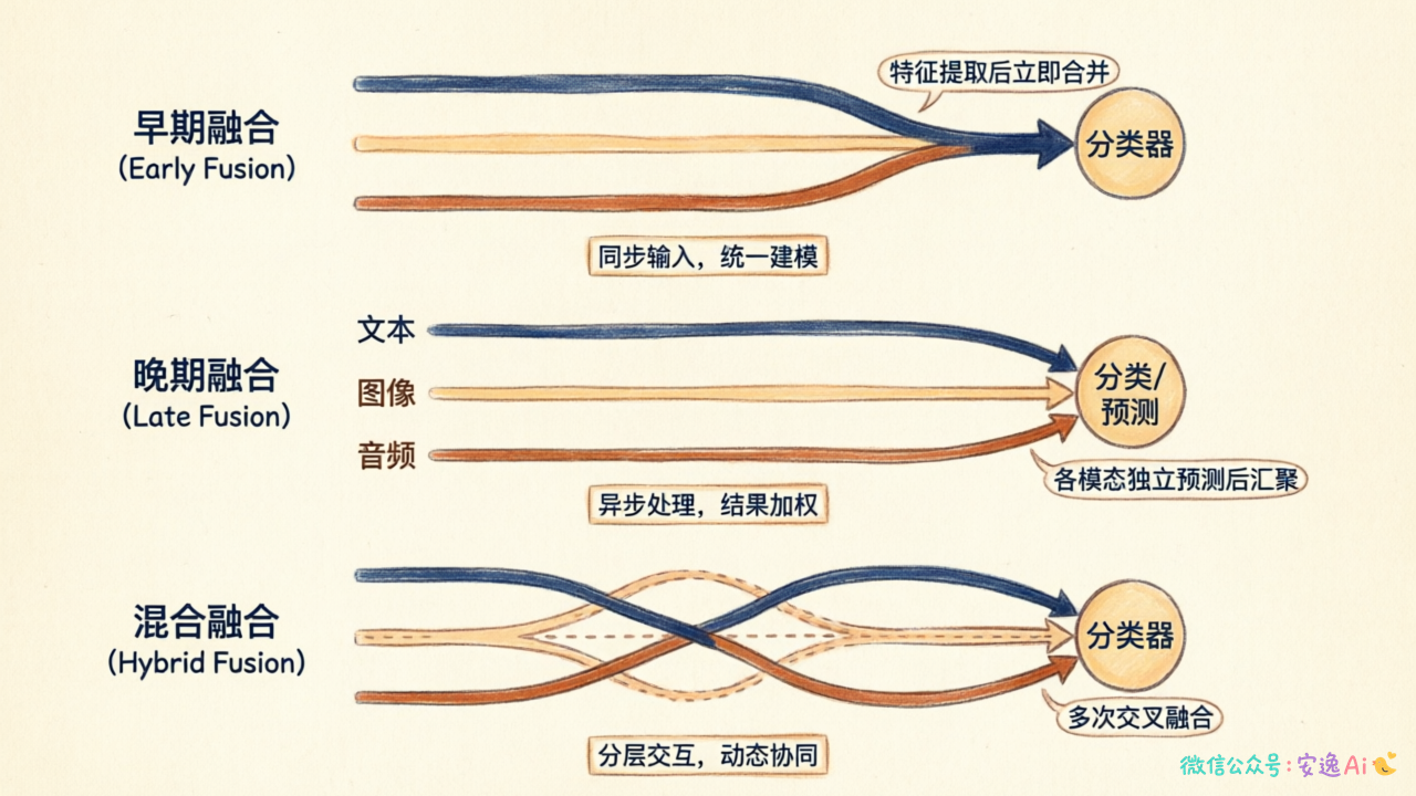 三种融合策略的对比图，最上方是早期融合（特征提取后立即合并成一条线），中间是晚期融合（三条平行线最后汇聚），下方是混合融合（多条线多次交叉）