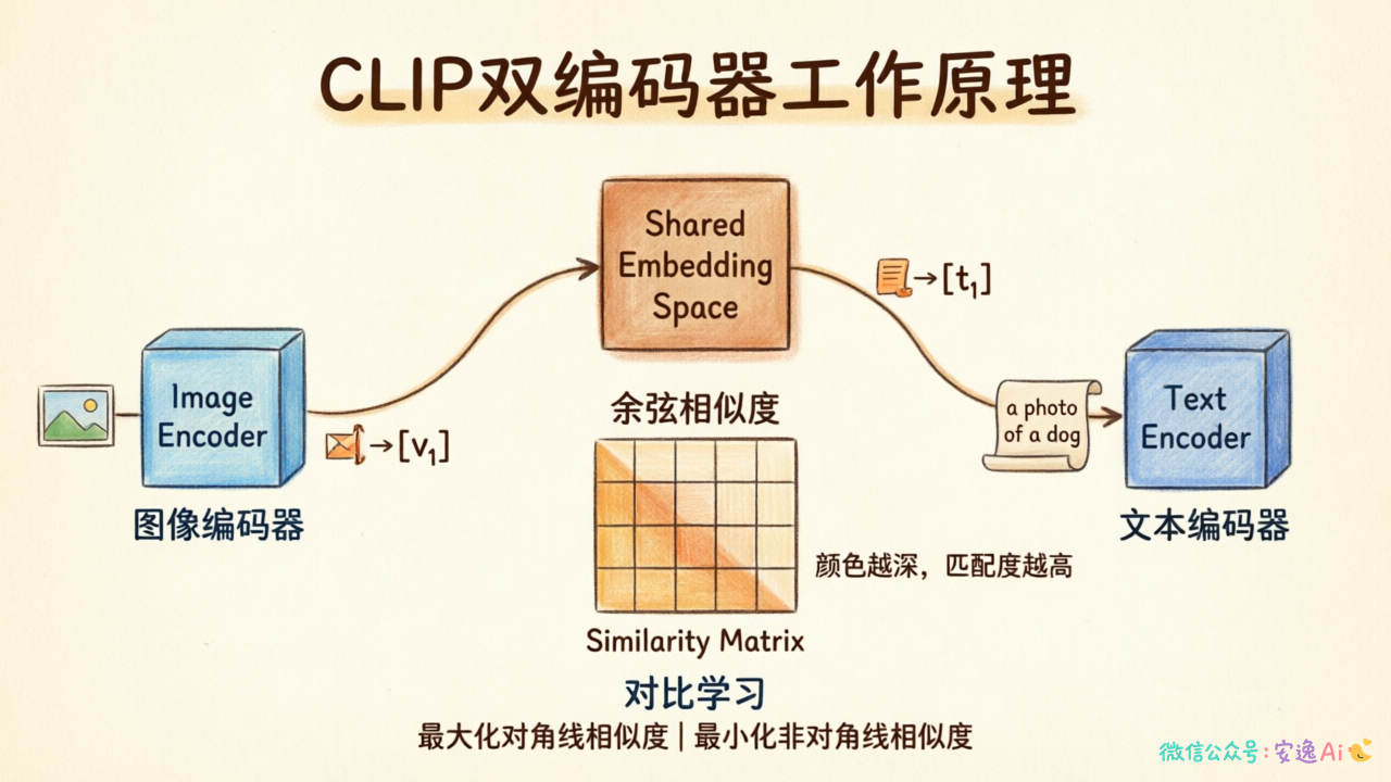 CLIP双编码器架构和对比学习机制的流程图,展示图像编码器、文本编码器和相似度矩阵的关系