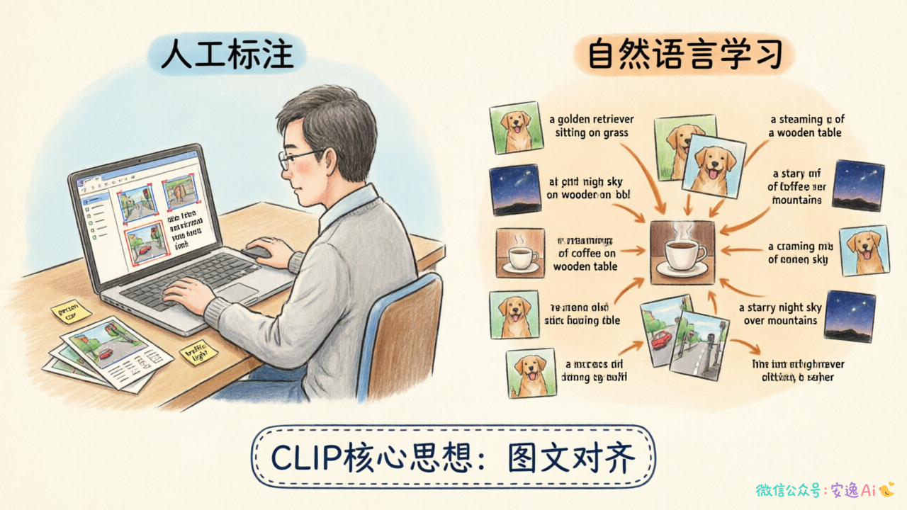 传统视觉模型人工标注方式与CLIP自然语言学习方式的对比图,左侧标注工人标注图片,右侧展示图文配对数据