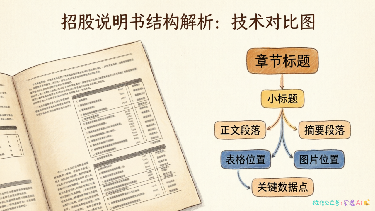 一份复杂文档的结构分解图,左侧是原始招股说明书,右侧分层展示标题层级、段落逻辑、图表位置和关键数据点之间的层次关系