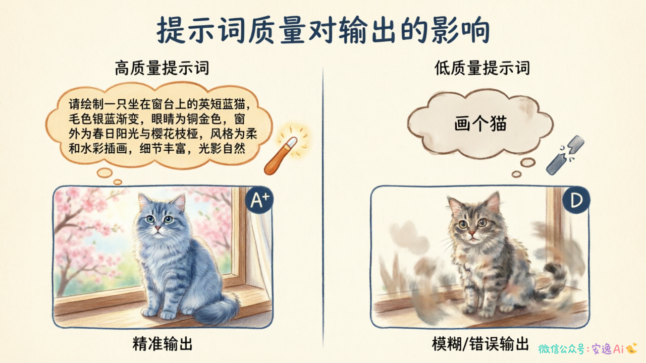 提示词质量影响输出对比图:左侧展示高质量提示词和精准输出,右侧展示低质量提示词和模糊/错误输出