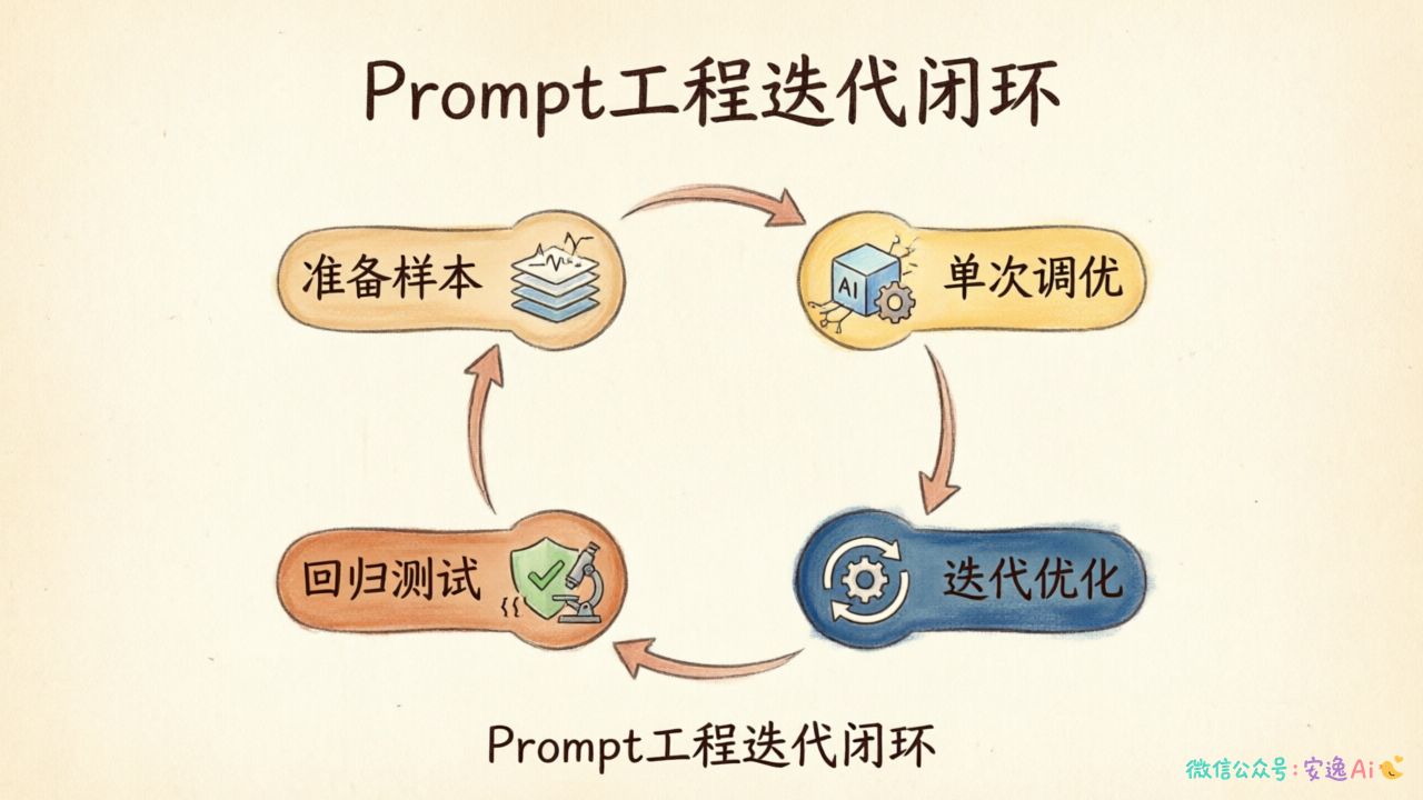 Prompt调优流程图:展示准备样本→单次调优→回归测试→迭代优化的闭环流程
