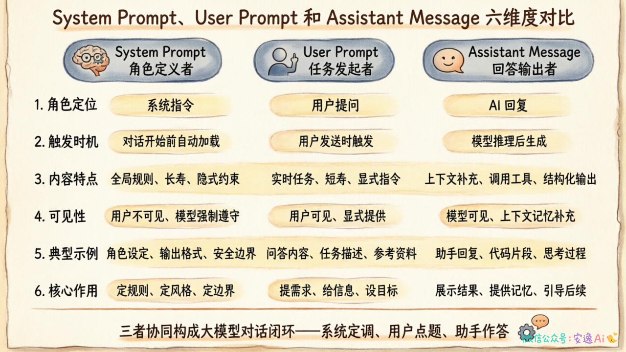 System Prompt 与 User Prompt 六维度对比表