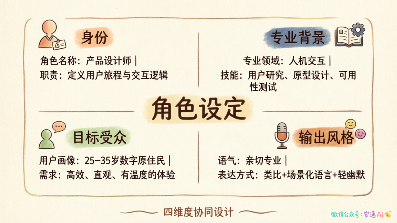 角色设定四维度示意图,身份、专业背景、目标受众、输出风格四象限图