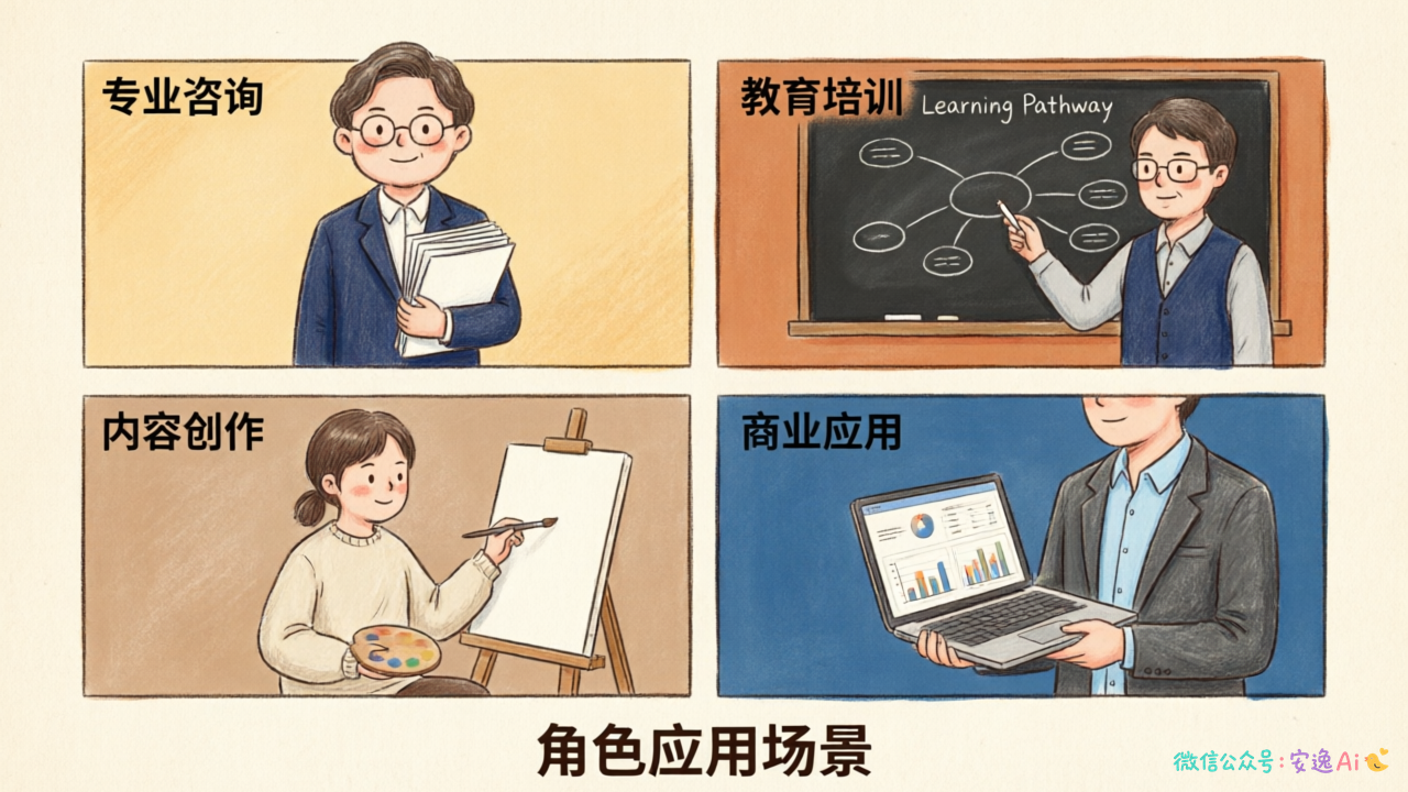 角色应用场景分类图,展示专业咨询、教育培训、内容创作、商业应用等典型场景