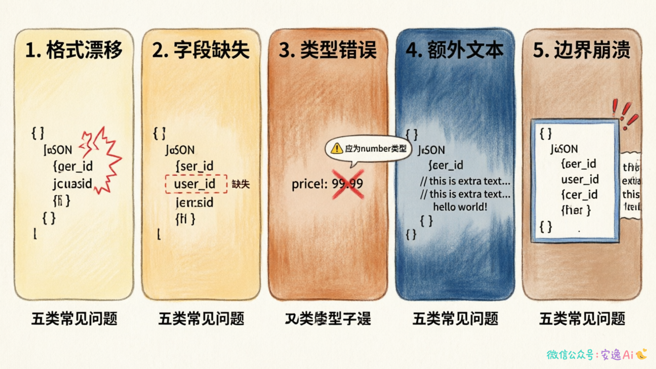五类工程问题示意图:格式漂移、字段缺失、类型错误、额外文本、边界崩溃