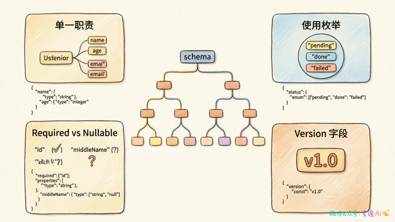 Schema 设计原则图:字段单一职责、枚举使用、required 处理、nullable 处理、version 字段的最佳实践示例