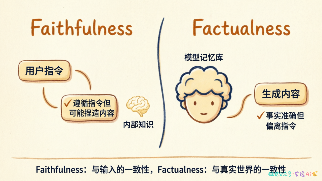 幻觉两种类型对比图:Faithfulness与Factualness的区别