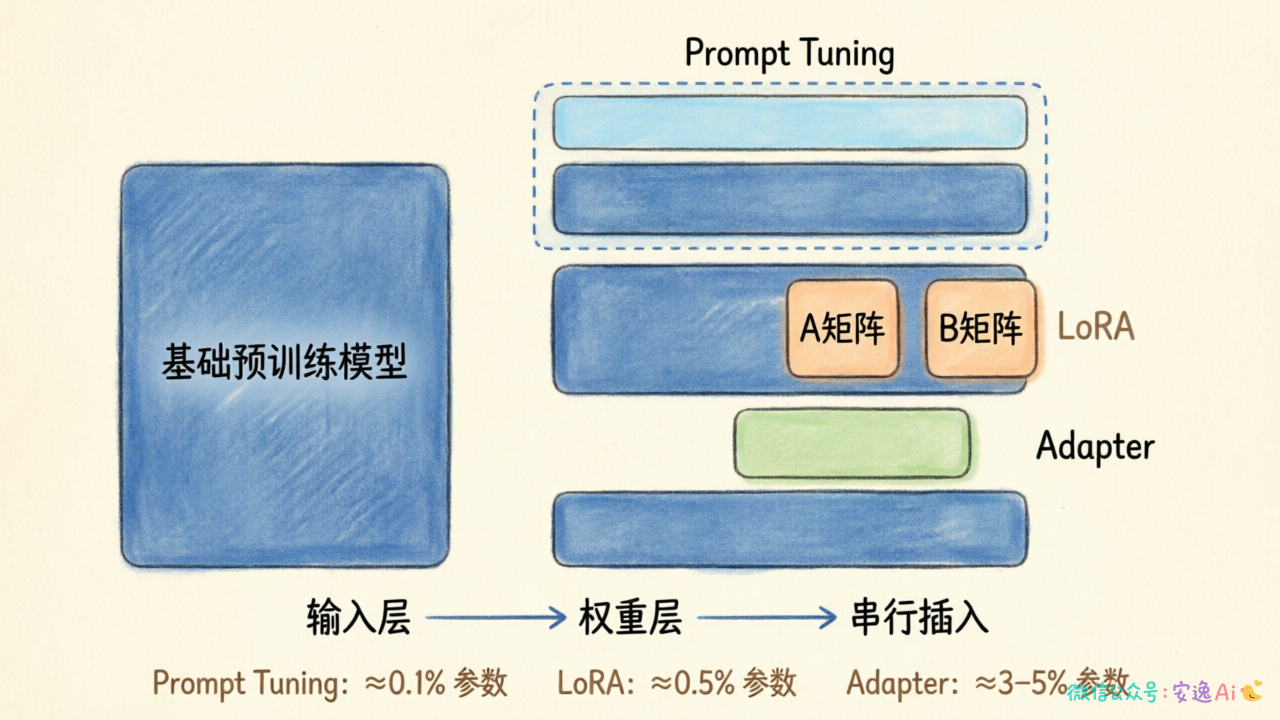 PEFT方法架构对比——Prompt Tuning在输入层、LoRA在权重层、适配器串行插入