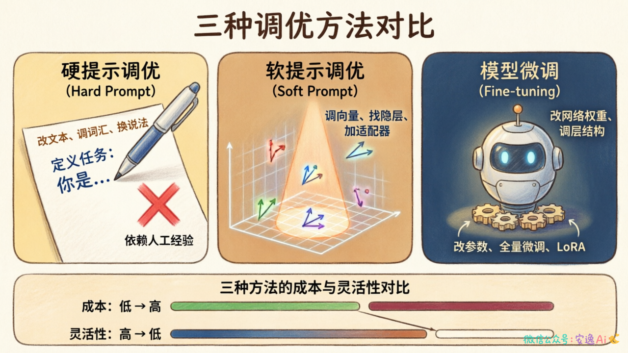 三种调优方法对比——硬提示写文本、软提示调向量、微调改参数