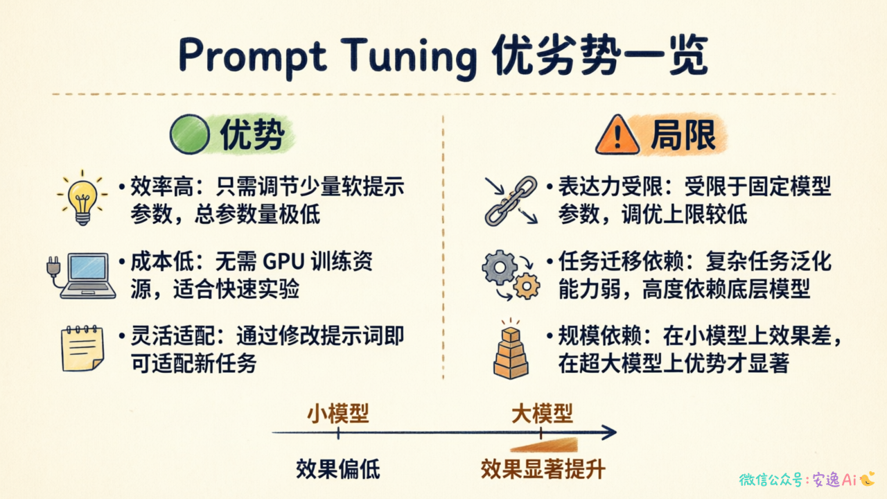 Prompt Tuning优劣势对比——效率高但存在表达力和规模依赖的局限