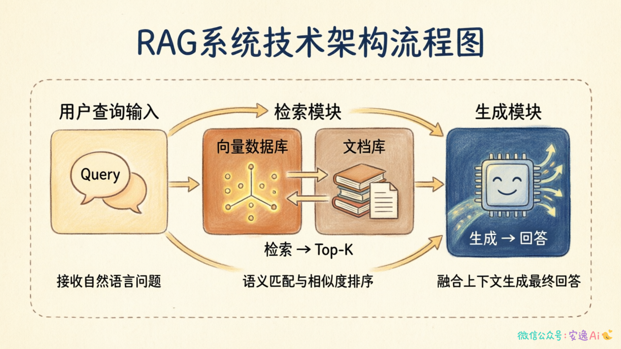 RAG架构图，展示检索模块与生成模块的协同工作流程