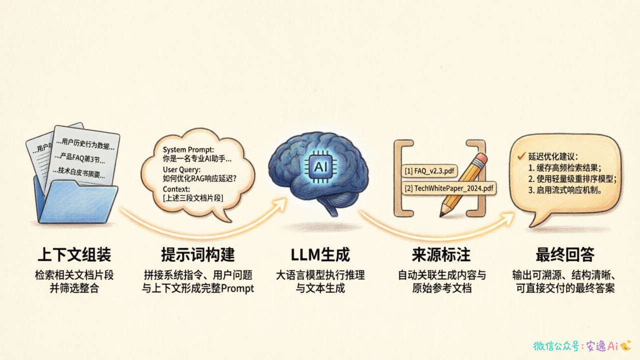 生成环节流程,上下文组装→提示词构建→LLM生成→来源标注→最终回答
