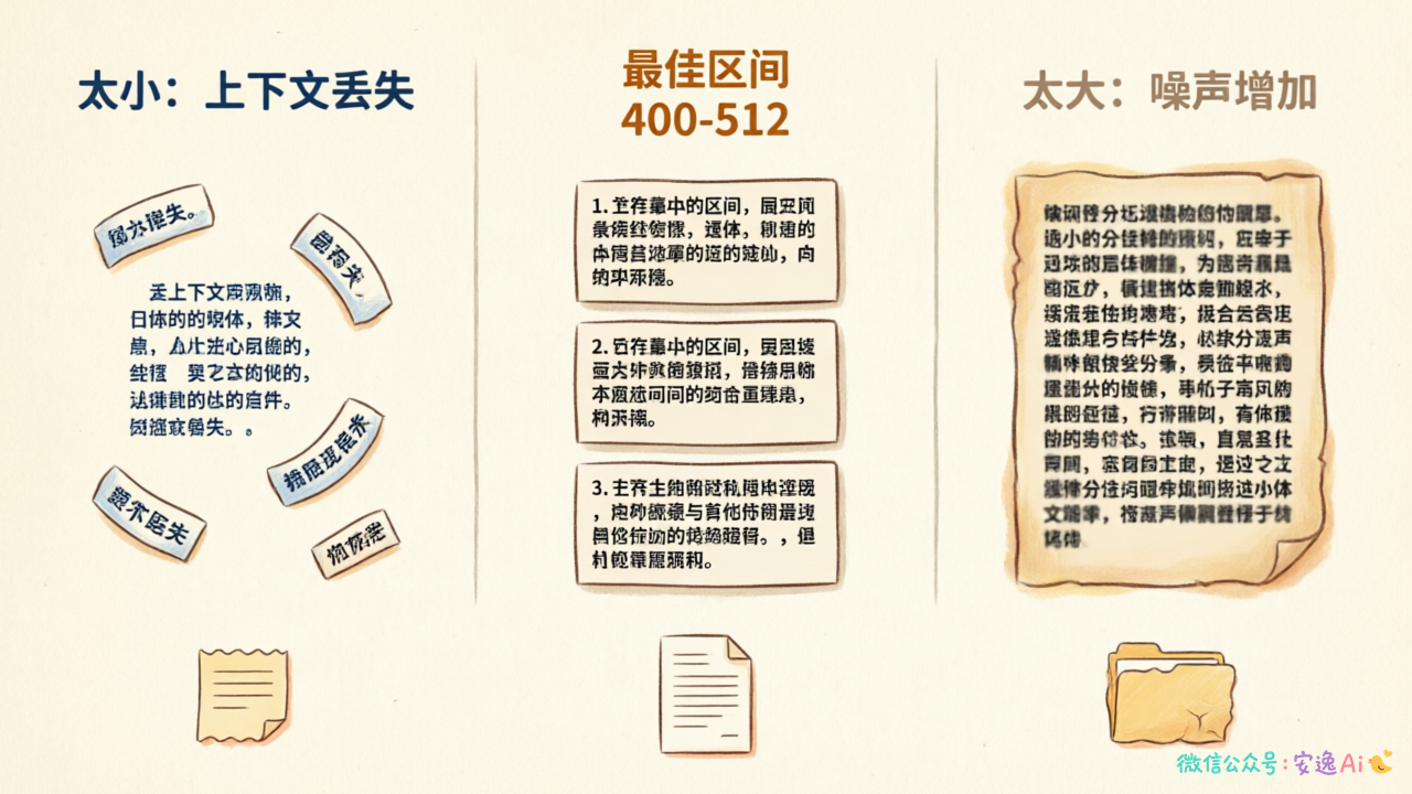 chunk大小对比图,左边显示太小的问题、右边显示太大的问题、中间标注最佳区间400-512