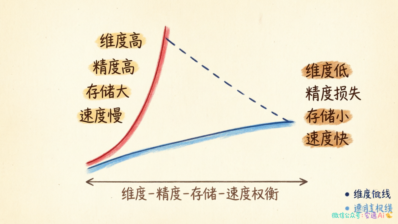 维度-精度-存储-速度权衡曲线图,展示高维与低维的取舍关系