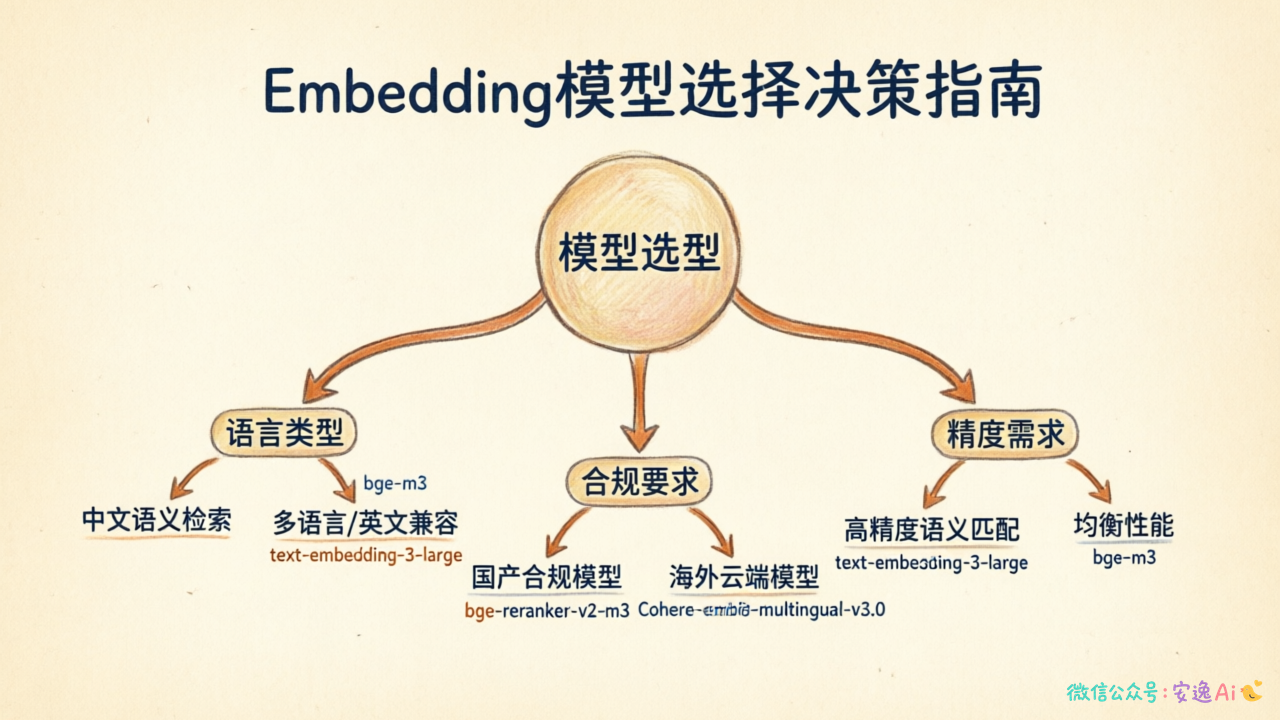 模型选型决策树图,根据语言类型→合规要求→精度需求三分支选择合适模型