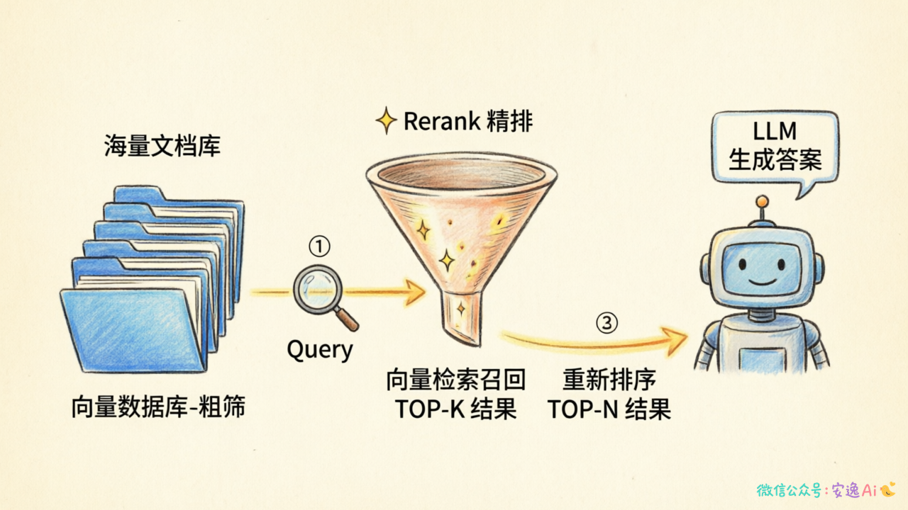 RAG检索漏斗流程图,展示Query从海量文档经向量检索粗筛到Rerank精排再到LLM生成答案的完整链路