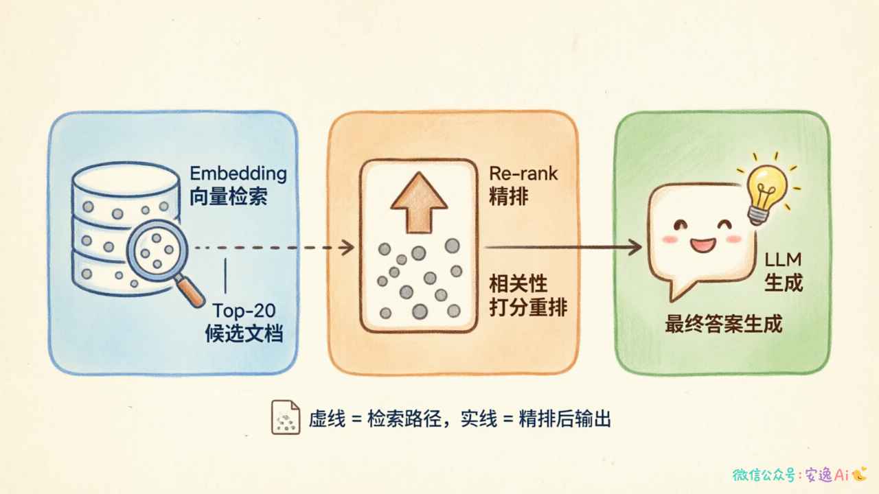 Rerank在RAG中的位置图,展示Embedding检索→Rerank精排→LLM生成的串联关系及数据流向