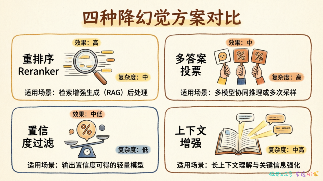 四种降幻觉方案对比图,展示各方案在效果、复杂度、适用场景的差异